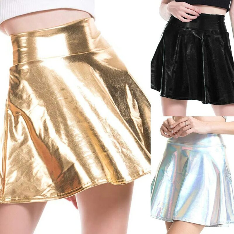 Damen Minirock kurze sexy hohe Taille Falten röcke Frauen solide lässig Silber Gold Mini Laser Frauen Party Club