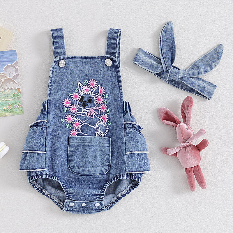 Baby Girl Denim Romper Easter Flower Rabbit Embroidery Sleeveless Straps Bodysuits Clothes Jumpsuits with Headband