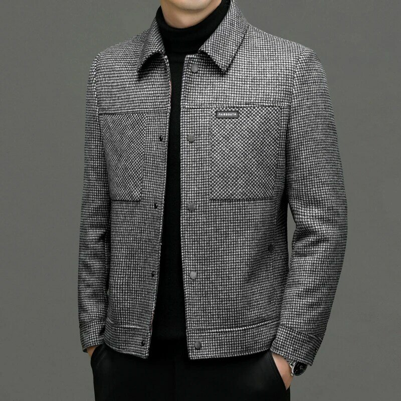 Casaco de lã clássico masculino, casual de negócios, jaquetas xadrez, sobretudo curto, blusão xadrez cinza, outwear, outono, inverno, 2024