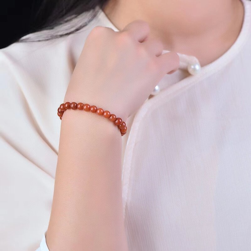 Cadena de mano de Jade de seda dorada para mujer, brazalete elástico de cuentas de piedra roja Natural de 6mm, pulseras de piedras preciosas finas, accesorios de joyería