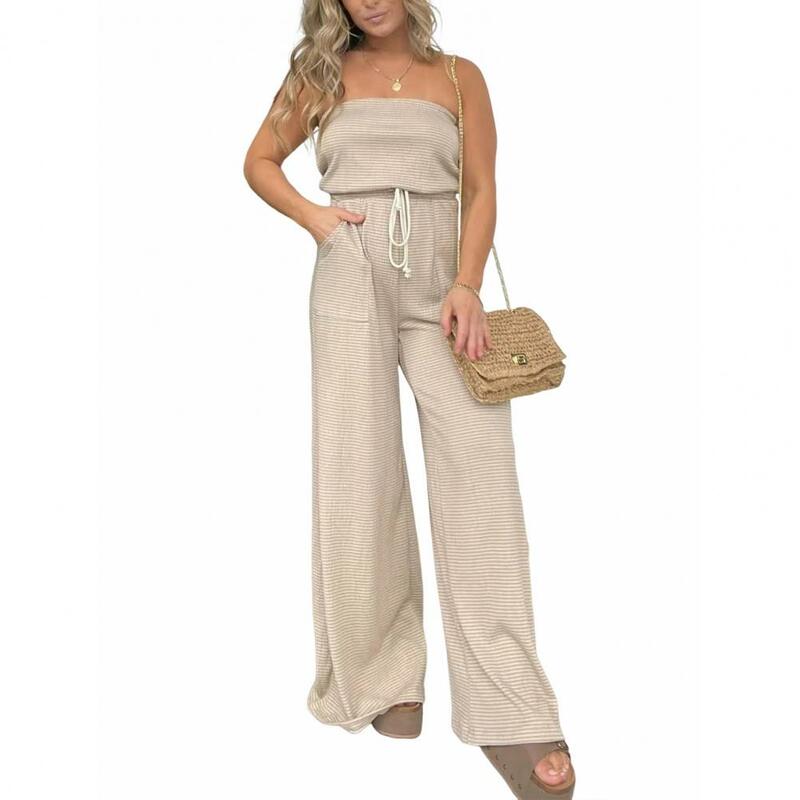 Tube Top Jumpsuit Striped Print Off Shoulder Jumpsuit with Side Pockets for Women Wide Leg Drawstring High Waist Vacation Beach