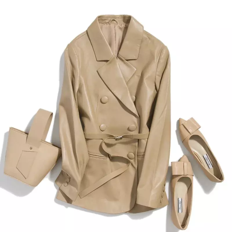 Casaco de couro genuíno de verdade, jaqueta de couro feminina, casaco de pele de carneiro, roupas para primavera e outono, cinta slim py24
