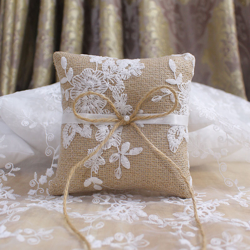 Lace Bow Ring Pillow Vintage Photo Props for Wedding Engagement Decoration Jewelry Rings Cushion Vintage Burlap Jute Cushion