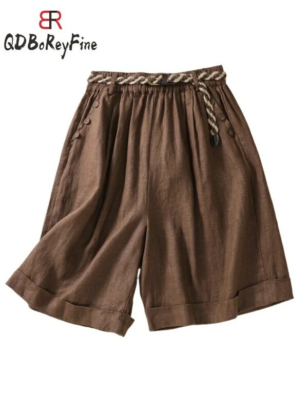 Neue Sommer Frauen Shorts Baumwolle Leinen lässig hohe Taille Baggy Shorts mit Gürtel koreanische Bloomers schwarz übergroße weibliche kurze Hosen