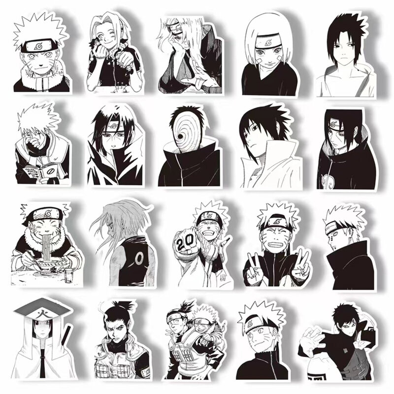 Naruto desenhos animados adesivos, adesivos preto e branco, grafite legal, para o telefone, skate, notebook, brinquedo da criança, diy, 10/30/65pcs