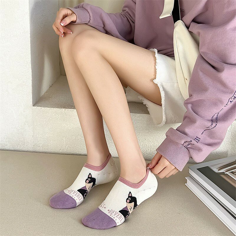 Women New Boat Socks Cartoon Cat Simple Letter Printing Personalized INS Fashion Trend Breathable Invisible Ladies Socks G110