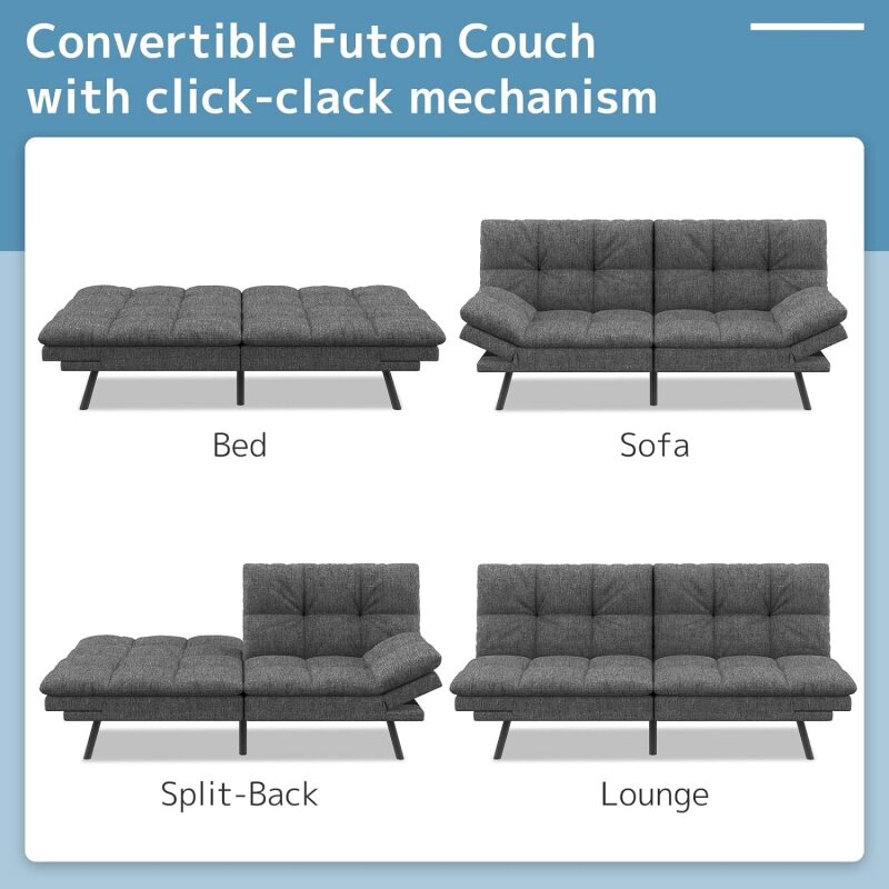 Sofá-cama dobrável Futon, sofá-cama conversível Loveseat Sleeper, braços ajustáveis para espaço pequeno, estúdio, espuma de memória