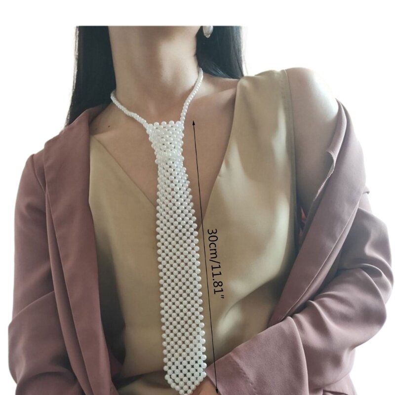 Women Hollow Out Woven Imitation Pearl Necktie Necklace Retro Weaving Beaded Vintage Jewelry Choker Shirt Tie Collar  Dropship
