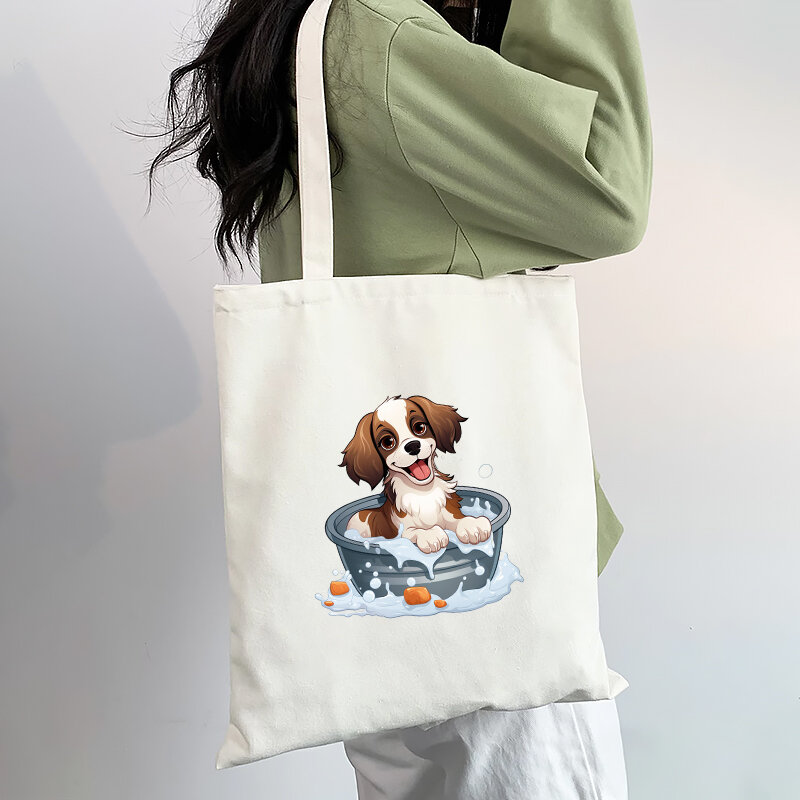 Płócienna torba damska torba o dużej pojemności do pracy i na wycieczki studenckie dojazdy uroczy pies zakupy płócienna torba pojedyncza torba na ramię