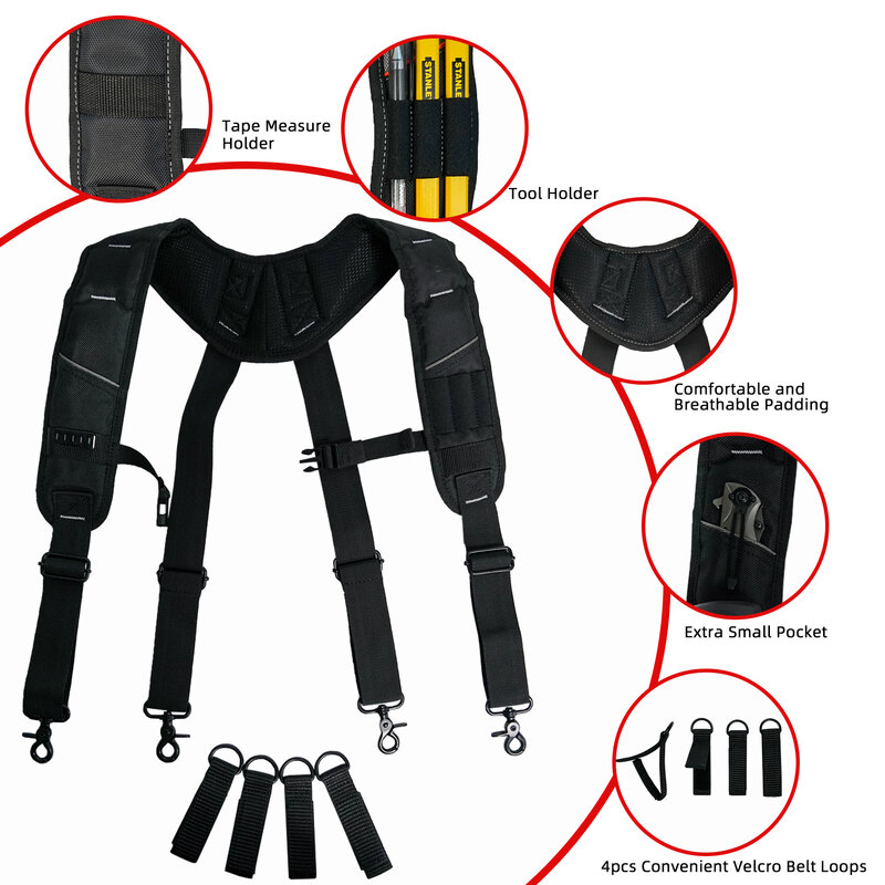 KUNN Tool Belt Suspenders Padded Carpenter Construction Electrician Work Suspender with Attachment Loops for Men,Black