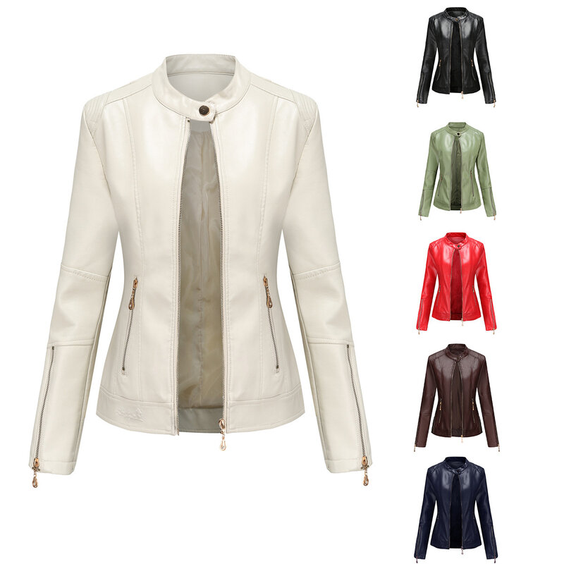 Jaket kulit PU wanita, jaket kulit PU wanita, jaket kerah berdiri, jaket musim gugur, jaket kulit tipis gram, mode baru 2024