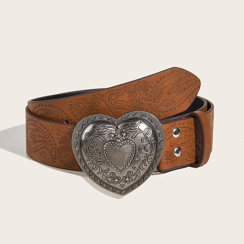Cinturón de PU con hebilla de amor marrón de estilo bohemio Retro para mujer, accesorios de moda para ocio, viajes diarios, Y2k