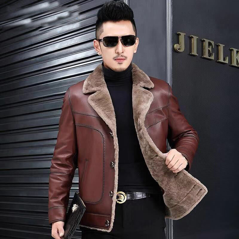 Jaqueta de couro masculina, forrada com lã, casaco grosso de inverno quente, pele de carneiro de peito único, outwear curto, C332