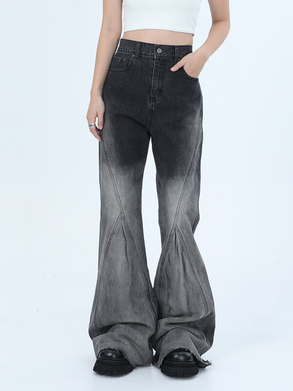 Женские винтажные джинсы в стиле High Street, черные и серые джинсы-клеш с эффектом потертости и высокой талией в американском стиле ретро