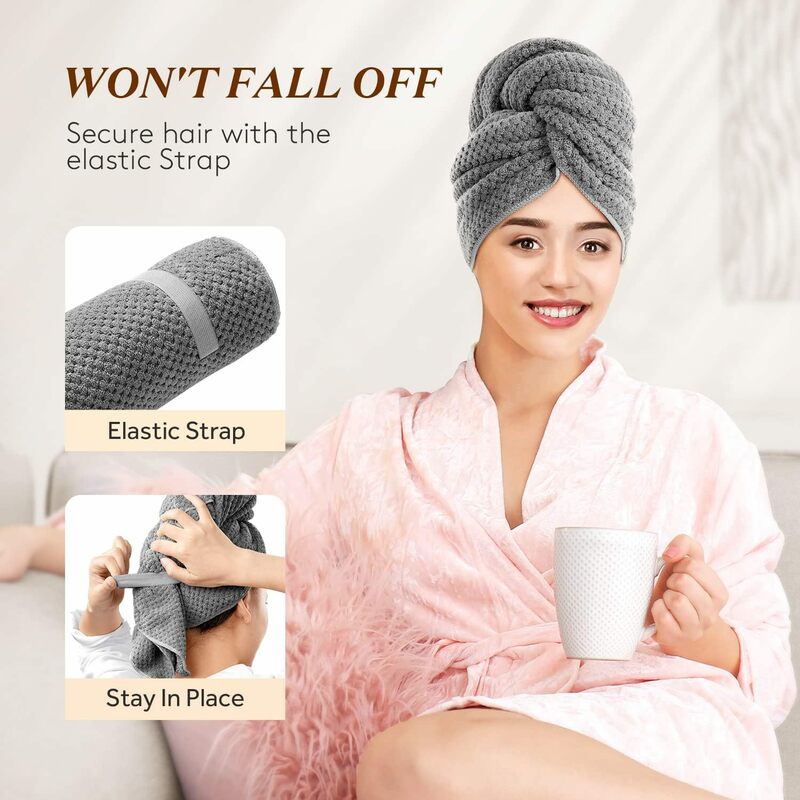 Large Microfiber Long Hair Towel Wrap for Women Super Absorbent Hair Drying Towel with Elastic Strap Turbans
