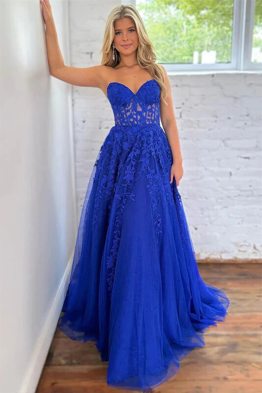Lace Appliques Tulle Evening Dresses V-neck Sleeveless Backless Illusion Lace-up A-line Floor-length Formal Party Ball Gowns