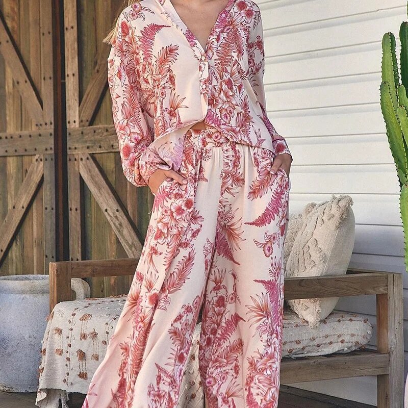 Conjunto de pijama floral feminino, manga longa, camisas de botão, calça de perna larga, roupas femininas soltas, pijamas elegantes, moda, 2 peças
