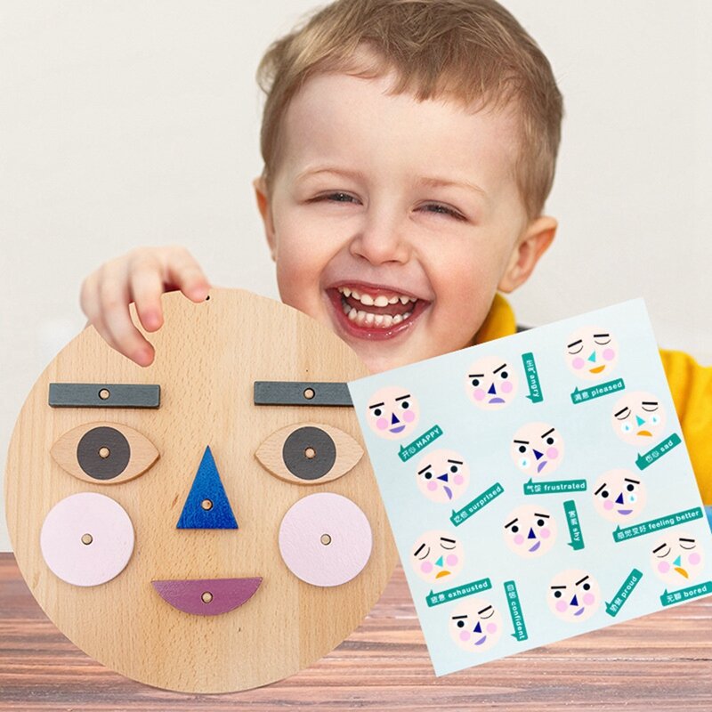 Mainan Emoticom Blockstoy kayu membuat emosi wajah untuk anak-anak 3 tahun dan ke atas