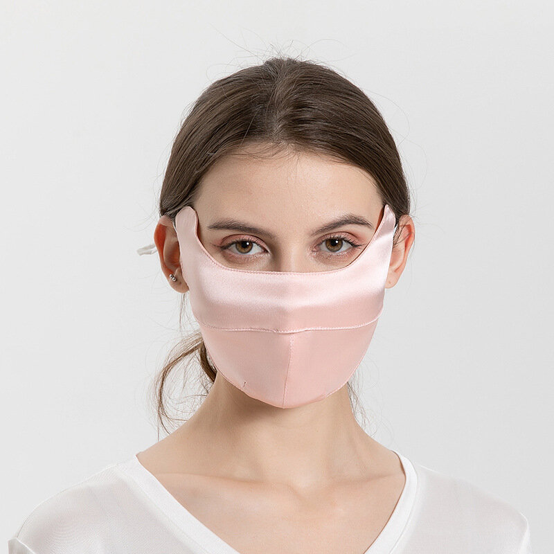 Maschera per la respirazione grande in seta di gelso protezione solare orecchio regolabile appeso pezzo per il viso stereoscopico per le donne maschere di garza di colore solido