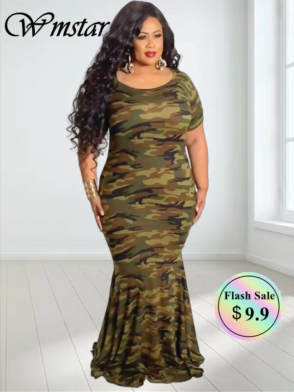 Wmstar Plus Size Vrouwen Kleding Zomer Jurk Groothandel Camouflage Elegante Gestreepte Print Full Length Maxi Jurken Dropshipping