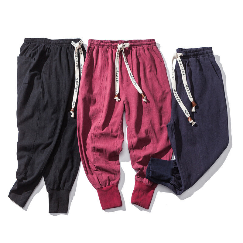 Pantalones bombachos de lino y algodón para hombre, ropa de calle con cintura elástica, holgada, estilo Retro, informal, novedad de 2022