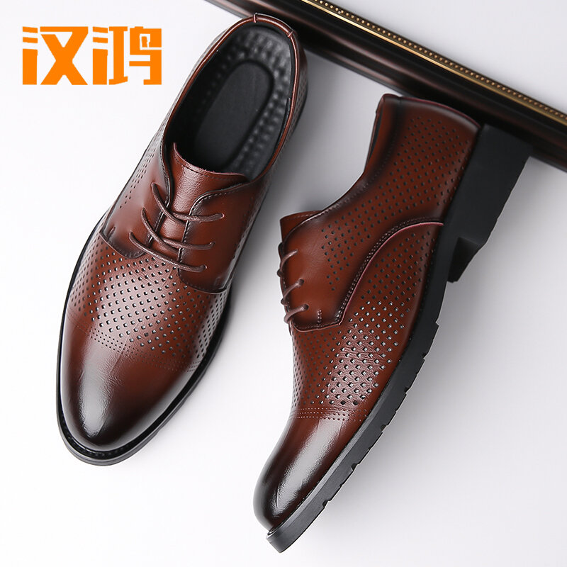 Hanhong leather shoes, men's genuine leather business attire, summer breathable and odor resistant soft sole, men's British casu