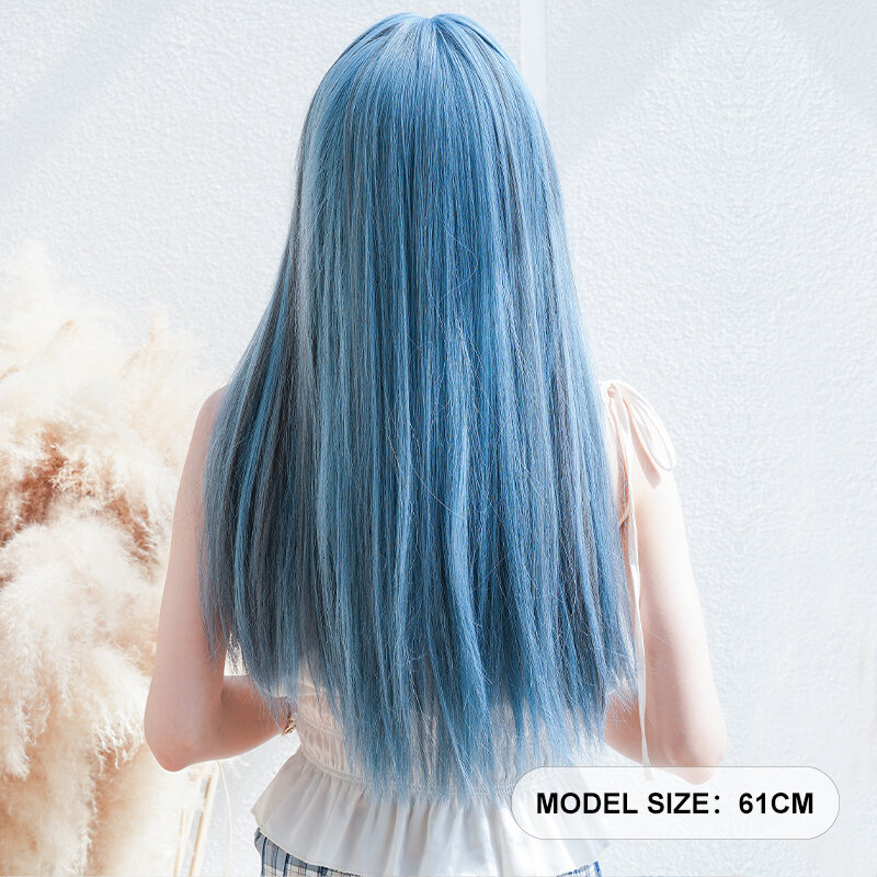 Wig 7JHH model Lolita, Wig sintetis lurus panjang biru dengan poni halus, kostum Wig longgar untuk wanita, pemula