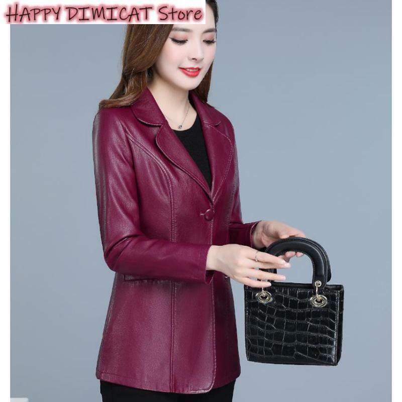 Женская демисезонная куртка из искусственной кожи, винно-Красная приталенная куртка из искусственной кожи с отложным воротником, в Корейском стиле