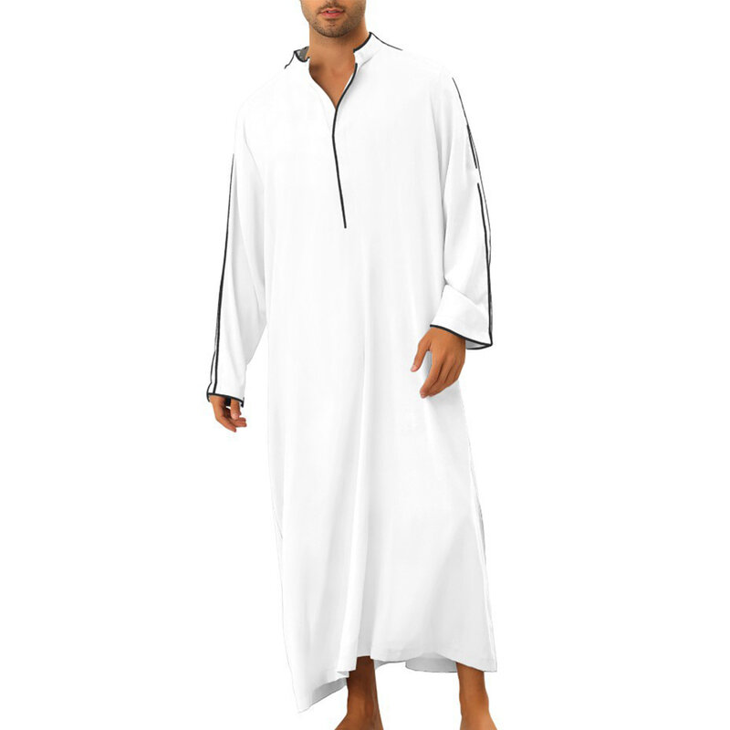 Mens Tops Mens Robe Muslim Gown Polyester Solid Color Crew Neck Full Length High Quality Kaftan Robe Long Sleeve