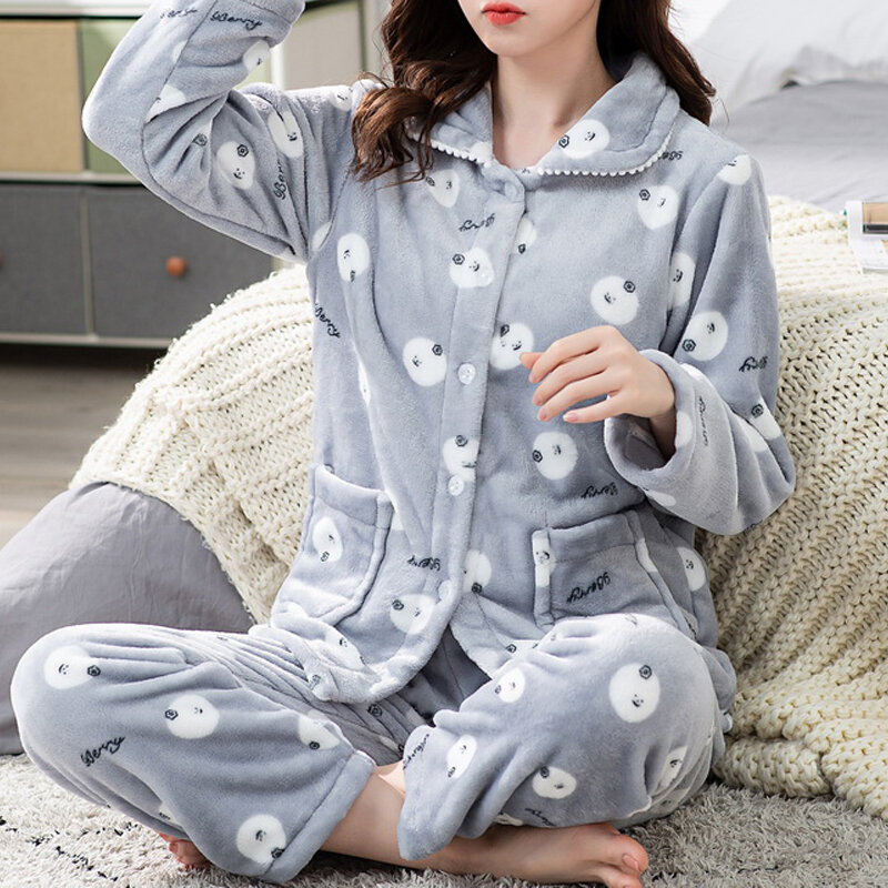 Conjunto de pijama de flanela estampado, quente, grosso, estilo coreano, adorável, desenhos animados, tops e calças femininas, inverno, 2 peças