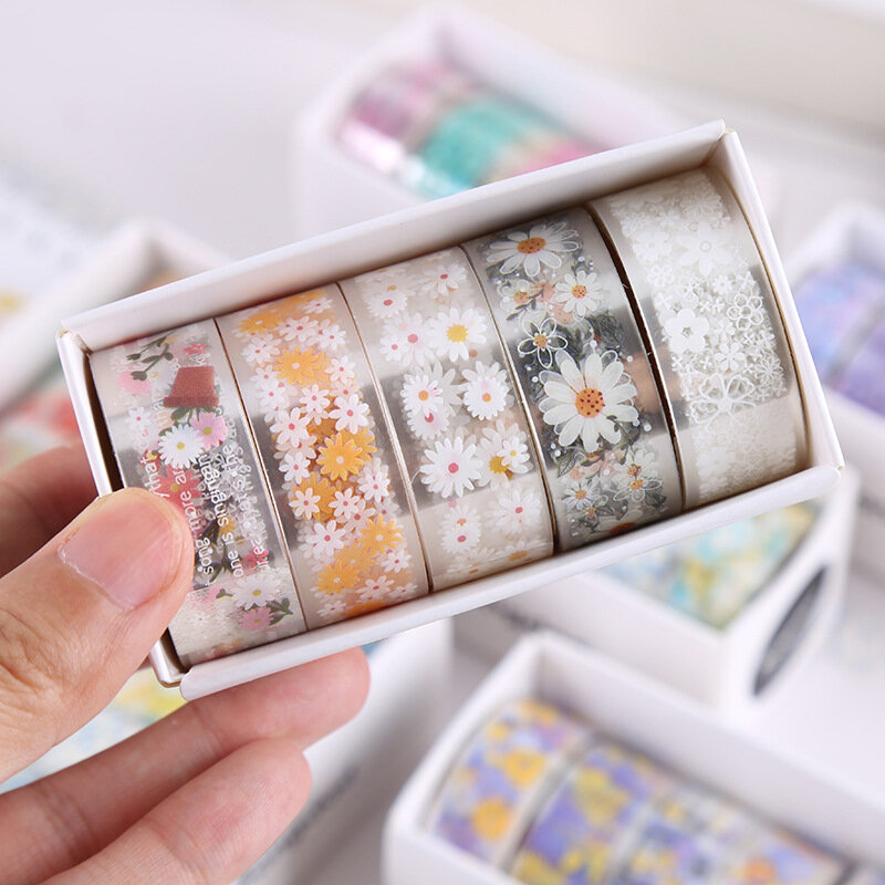 Cinta adhesiva transparente Kawaii DIY, Material decorativo, cuaderno de bocetos, suministros escolares, papelería japonesa, 5 rollos