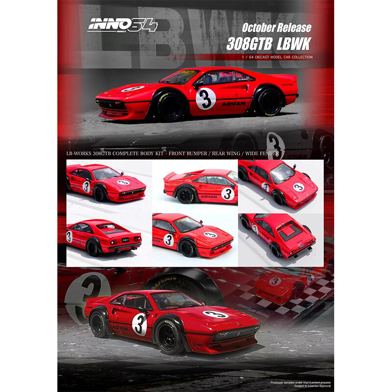 INNO-Collection de modèles de voitures miniatures, Diorama rouge moulé sous pression, LBWK 308 GTB, jouets en stock, 1:64