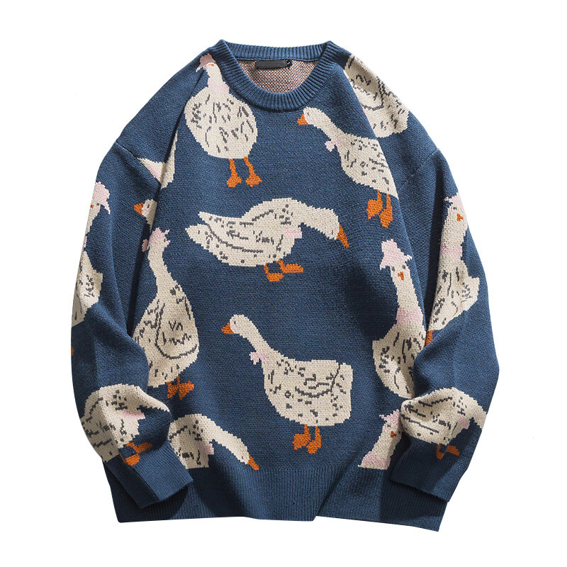 2023 nova harajuku casual o-neck oversize topo streetwear japonês camisola de malha dos homens dos desenhos animados animal pato ganso impressão pulôver
