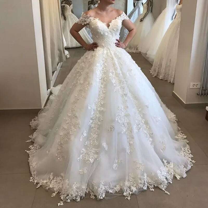 Haute Couture Noble White Tulle Bride dresses for Women With Off the Shoulder 3D Embroidery Backless Ball Gown Wedding Dress