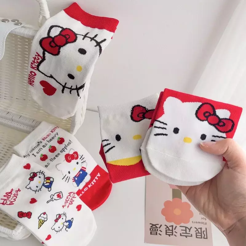 Cute Cartoon Cat Socks para adulto, meia curta feminina, meias de barco, vermelho e branco, HelloKitty Print, 1 par, novo