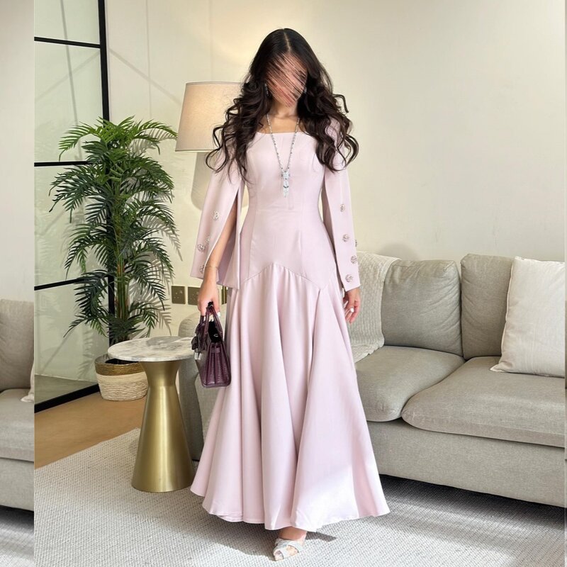 Prom Dress Saudi Arabia Jersey Beading Draped Graduation A-line Square Collar Bespoke Occasion Gown Long Sleeve Dresses