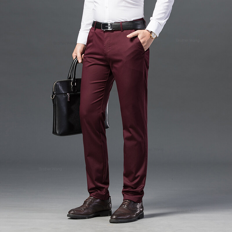 Celana kasual bisnis pria merek celana panjang musim gugur warna Solid lurus nyaman katun Lyocell hitam abu-abu Burgundy