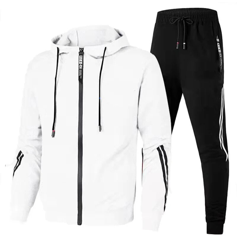 Men's casual outdoor zipper jackets and sweater, men's wool hooded workout suit, sportswear, jogging, autumn winter