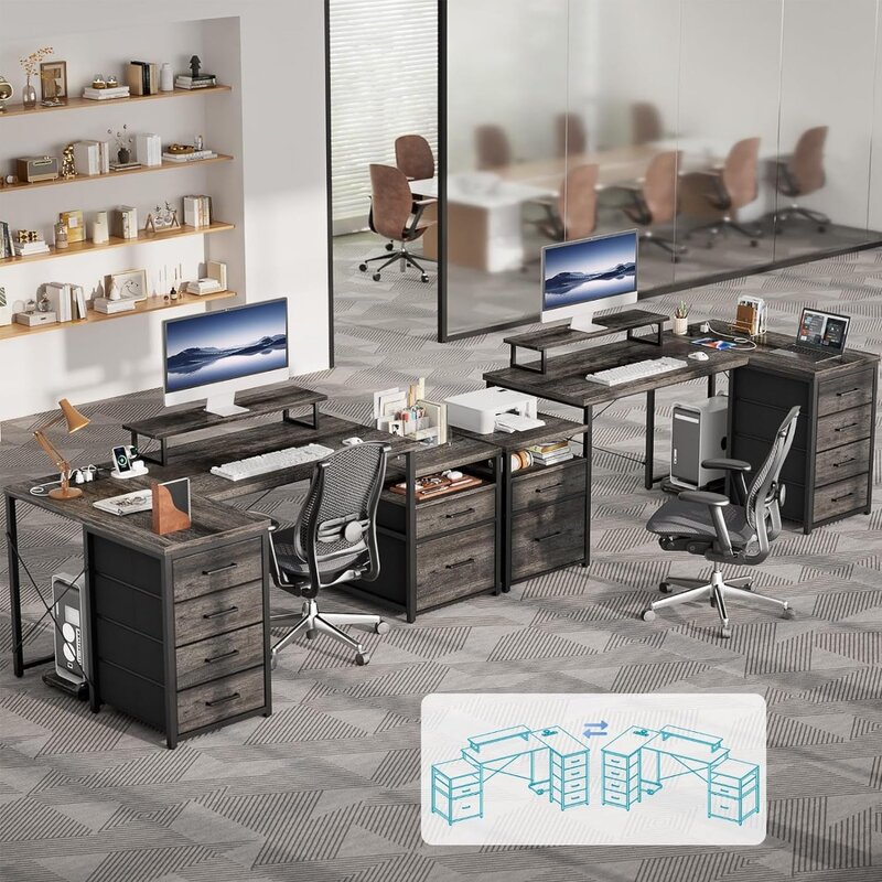 L Shaped Desk with File Drawers, 71" Reversible Computer Desk with Power Outlets and Smart LED Lights, Large Office Desk