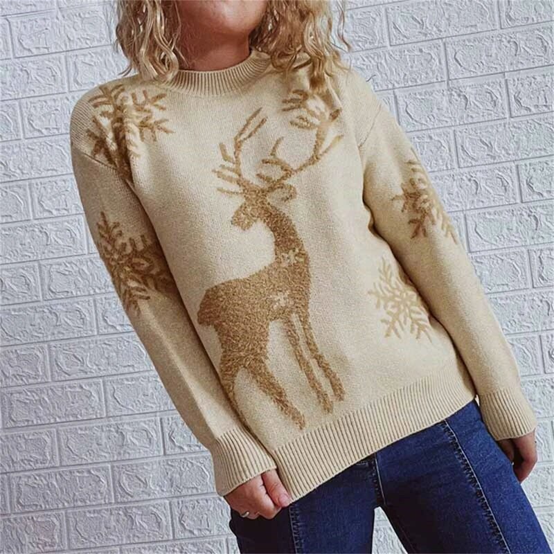 여성용 크루넥 긴팔 크리스마스 스웨터, 눈송이와 사슴 패턴, 두꺼운 니트 풀오버 스웨터
