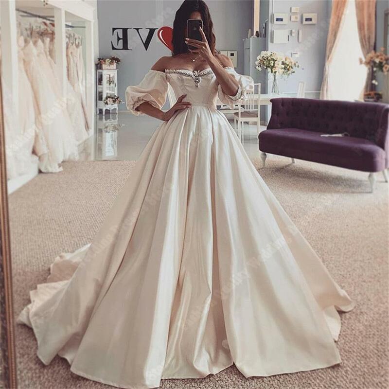 Modest Strapless Wedding Dresses Newest Off Shoulder Satin Flowre Long Bridal Gown Applique Mopping Length Lady Vestido De Novia