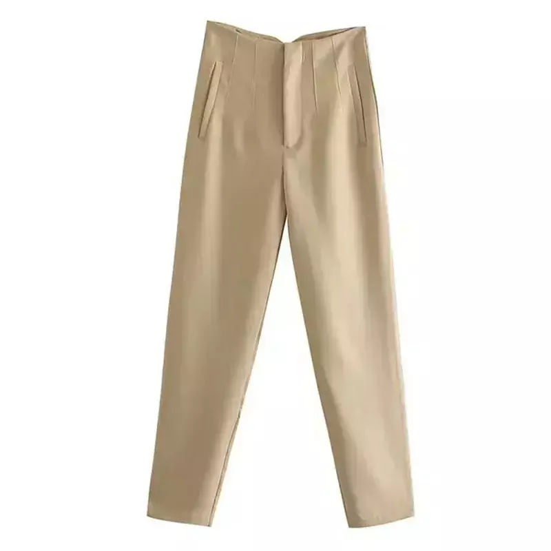 Vintage Women Pleated Straight Pants Autumn Office-lady Trousers Elegant Solid High-waist Fashion Pants with Pockets New 30060