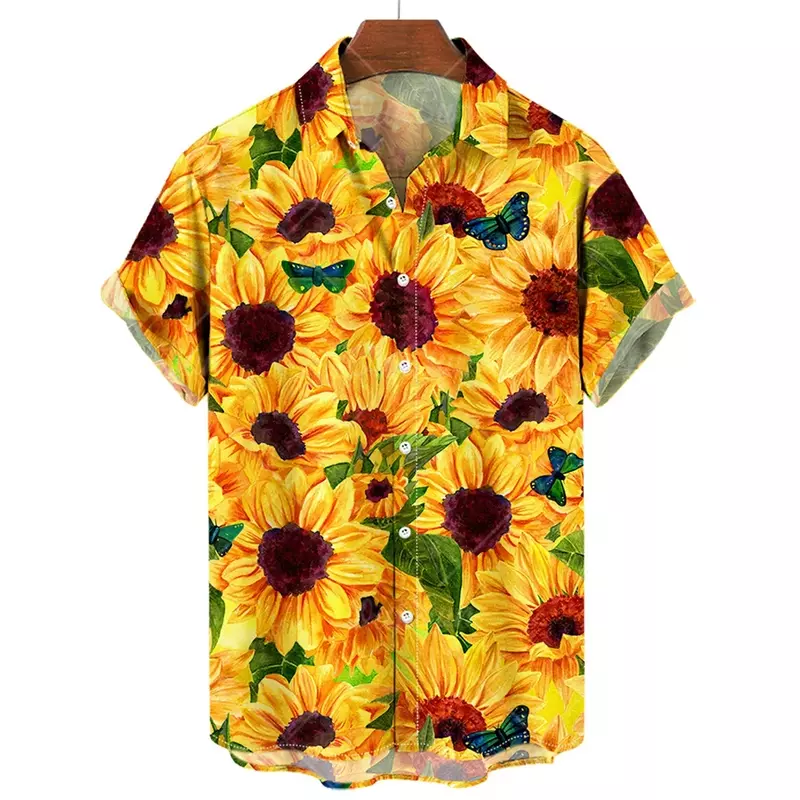Camisas hawaianas con estampado de girasol para hombre, ropa de manga corta con solapa, Tops holgados de gran tamaño, novedad de verano