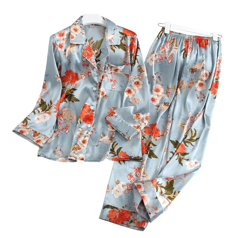 Wiosenny/letni nadruk dwuczęściowy garnitur piżamy damskie oddychający wygodny kardigan guzik z długimi rękawami cienka nocna odzież do snu