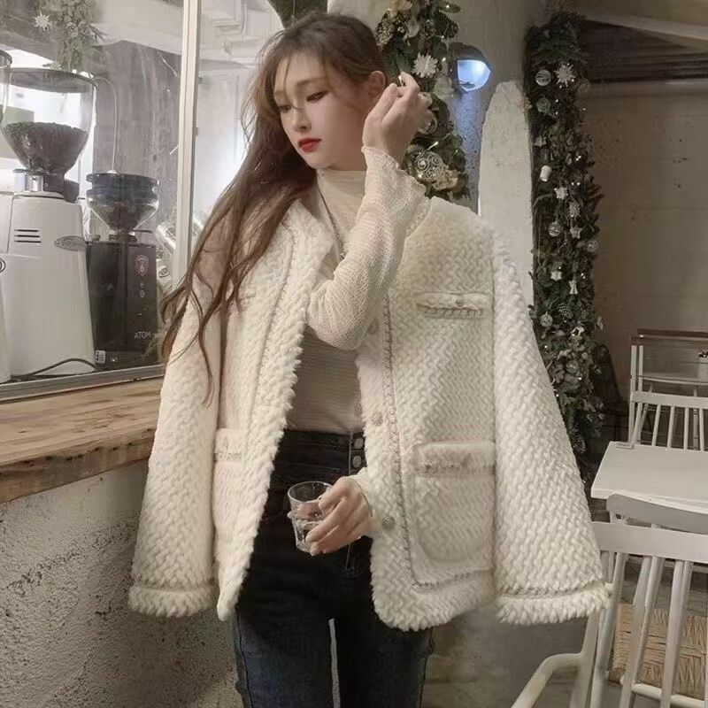 Imitation Fur Elegant Luxury Wool Thickening Warm Jackets Womens Autumn Winter O Neck Single Breasted Loose Coat Korean Fashion