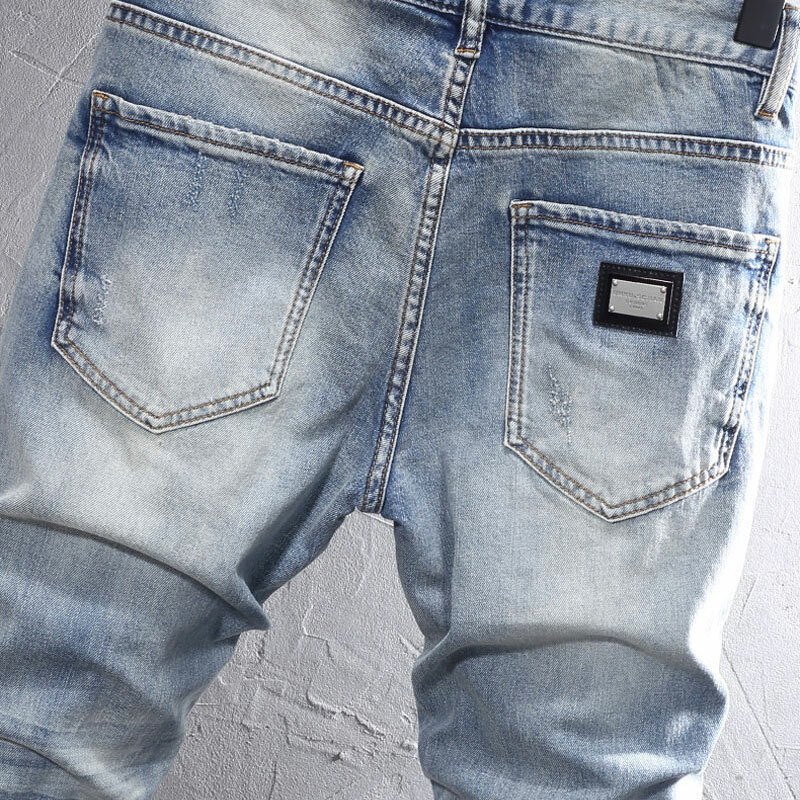 Pantalones vaqueros rasgados elásticos de alta calidad para Hombre, Jeans Vintage de diseñador, moda urbana, Retro, azul