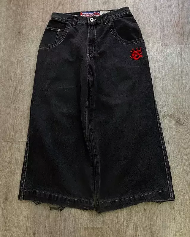 Hiphop Street Vintage Borduurpatroon Y 2K Baggy Jeans Wijde Pijpen Oversized Denim Broek Gothic Black Low Rise Broek Heren Dames