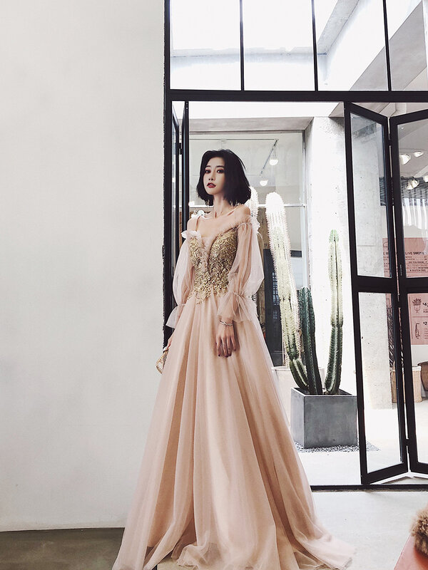 Women Spaghetti Strap Backless Evening Dresses Sequins A-Line Tulle Floor-Length Wedding Party Gown