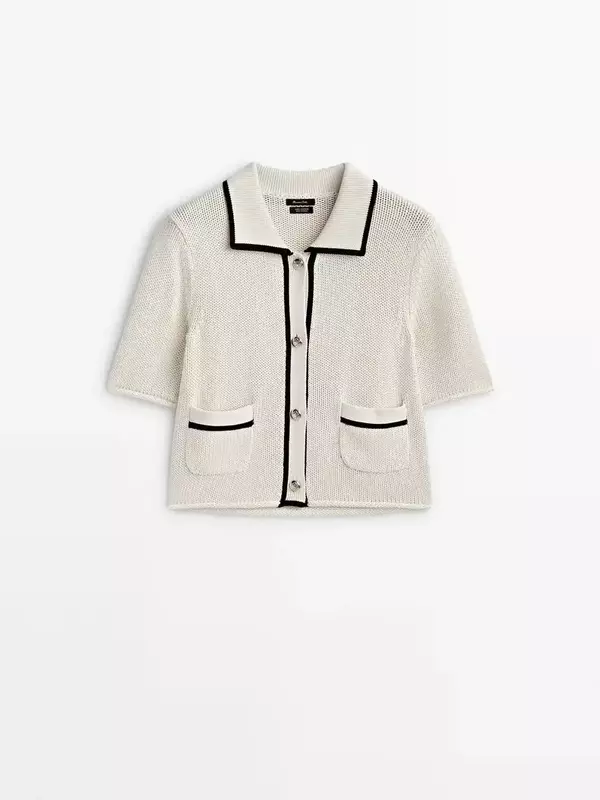 Cárdigan de punto fino con botones de Metal en contraste para mujer, suéter Retro de manga corta con solapas, abrigo elegante, 2023