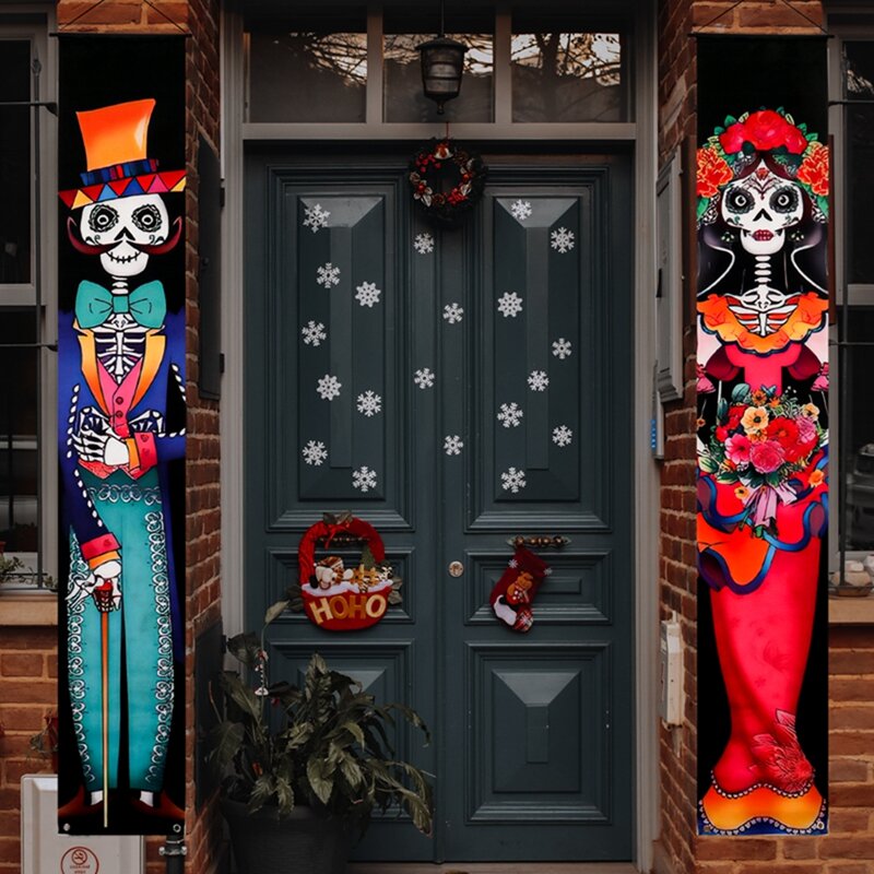 Mexican Day of the Dead  Porch Sign Door Banner Outdoors Hanging Flag Halloween Party Scary Ghost Decorative Props Home Decor